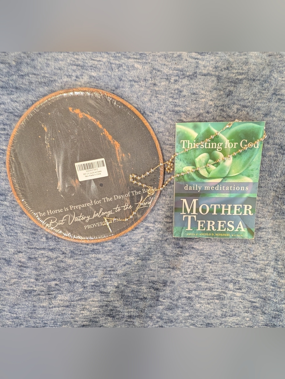 Catholic Bundle -Gold Beaded Rosary, Wall Hang, And Book